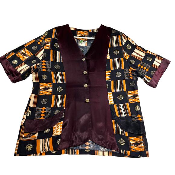 FAD Button Blouse Shirt Woman's 3X-Large Made In USA Shoulder Pads Rich Coloring - Picture 1 of 15